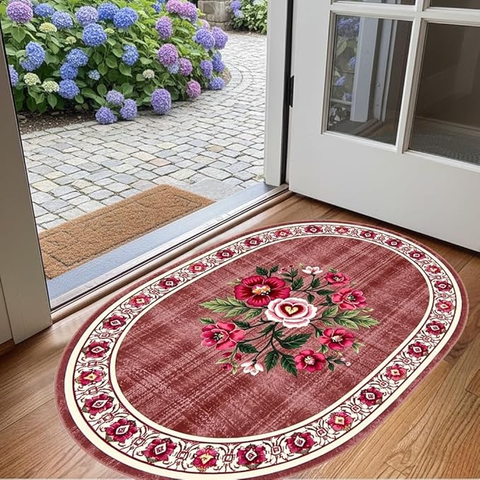 Retro Country Distressed Burgundy Green Florals Texture Bordered Rugs 7x9 for Living Room Bedroom Dining Room Soft Washable Non Skid Area Rug Guestroom Kitchen Doormats Rustic Indoor Oval Carpet