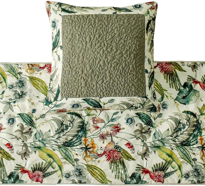 The HomeCentric King Queen Twin Ivory & Multi Designer Full 68"x18" Bed Runner Without Pillow Cover, Bird, Sequins & Beaded Bed Scarf on Cotton Fabric - Exotic Birds