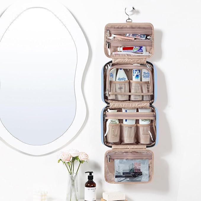 NISHEL Travel Toiletry Bag for women, Portable Hanging Organizer for Travel-Sized Shampoo, Conditioner, Brushes Set, Makeup Accessories, Medium Size, Placid-Blue