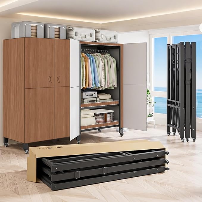 Heavy Duty Covered Clothes Rack with Magnetic Door Foldable Portable Wardrobe Closet for Hanging Clothing Rolling Black Metal Garment Rack on Wheels Closet System (Dragon Sandalwood, 65.9in)