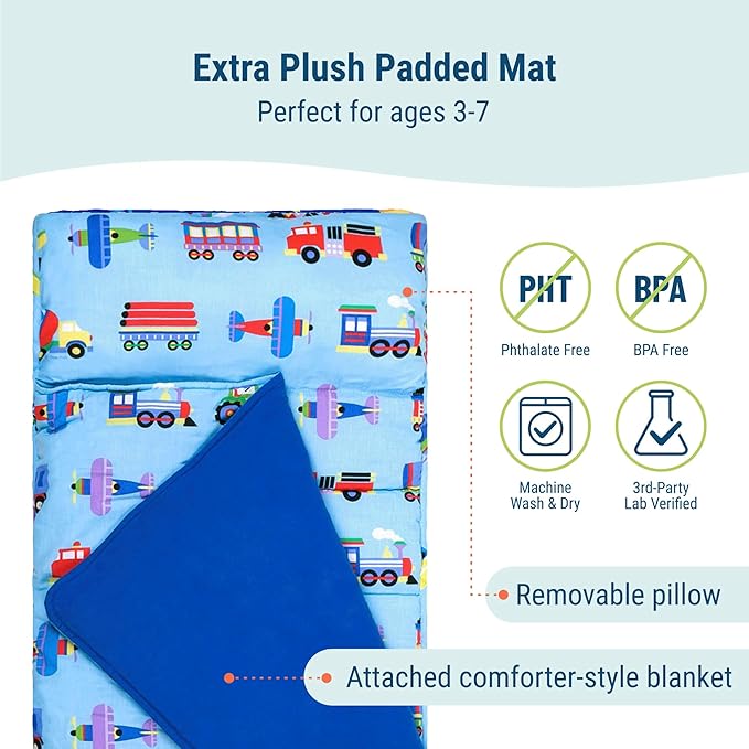Wildkin Kids Original Nap Mat – Cozy Kids Sleep Mat with Pillow, Ideal for School & Travel - Trains, Planes, and Trucks