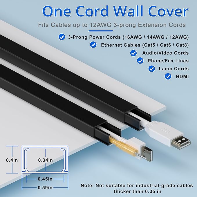 Cord Hider Wall for One Cord 136in, ZhiYo Cord Covers for Wires on Wall, Easy Install Cable Cover Wall, Black Cable Raceway Hide Cords, Cable Hider Cord Management Wall, 8X L17in, W0.6in H0.4in