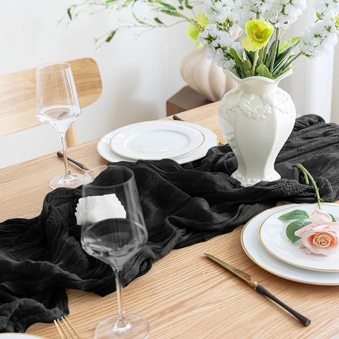 Asee'm 12pcs Cheesecloth Table Runner 120 Inches Long Black Boho Gauze Cheese Cloth Runner 10FT Rustic Sheer Table Runners for Christmas Wedding Party Baby Shower Spring Easter Decoration