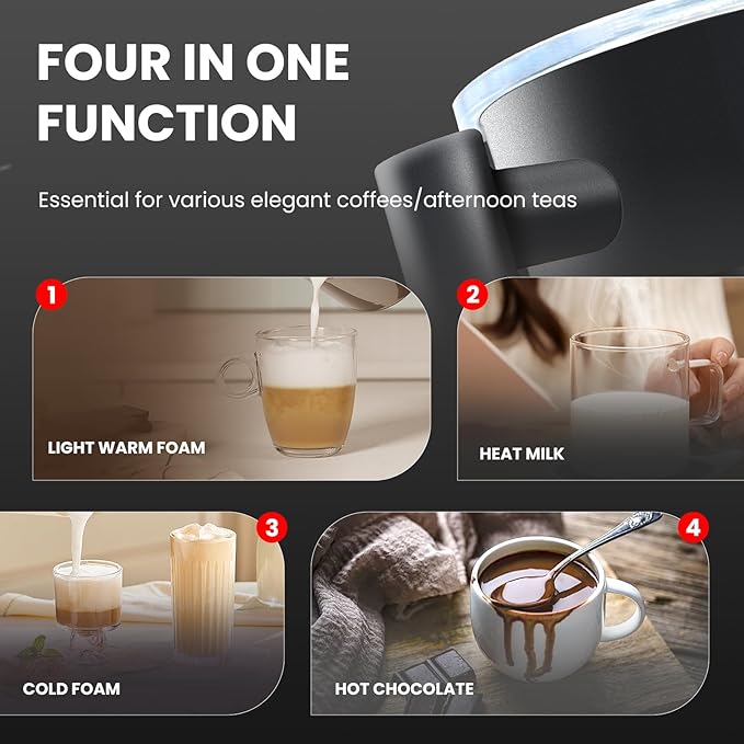 4 in 1 Electric Milk Frother, Steamer with Warming function, Automatic Hot and Cold Milk Frother, Coffee Frother, Latte, Hot Chocolate, Macchiato, Cappuccino (Black)