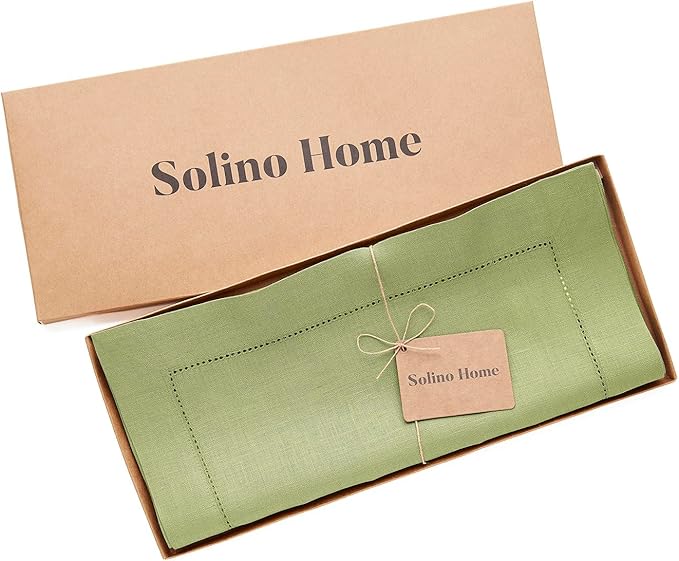 Solino Home Linen Moss Green Table Runner 90 Inches Long - 100% Pure Linen Hemstitch 14 x 90 Inch Table Runner for Dining, Winter - Classic Hemstitch