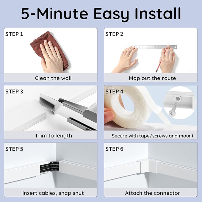 Delamu 236in Cord Hider, Professional Cable Cover Kit for Wall, TV Wire Hider for Wall Mounted TV, Raceway Cover on Management Wires, Cable Concealer, 0.59'' H x 0.40'' W, White