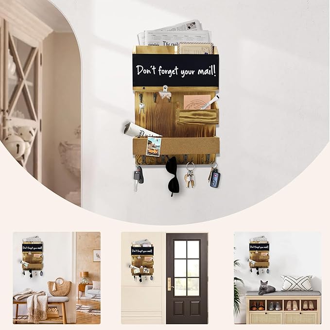 Mail Organizer Wall Mount，Key Holder Mail and Key Organizer for Wall with Shelf, Chalkboard, Corkboard, Home Decor for Room Office Entryway(Light Wood)