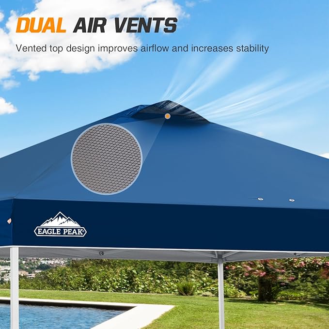 EAGLE PEAK Pop Up Canopy Tent with Wheeled Carry Bag, 8 Stakes, 4 Ropes, 4 Weight Bags, Easy Set Up Tent Canopy, 10x10 ft, 100sqft of Shade, Dark Blue