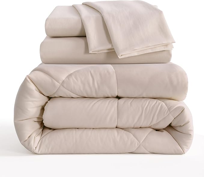 NTBAY Twin Comforter Set with Sheets, 5 Pieces Soft and Breathable Twin Bedding Set, Twin Bed in a Bag, Down Alternative Comforter Set Solid Color All Season, Kids Bedding Set, Taupe