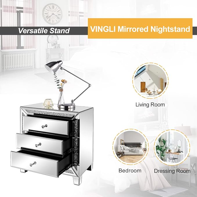 VINGLI Mirrored Nightstand Glass End Table, Mirrored Bedside Table