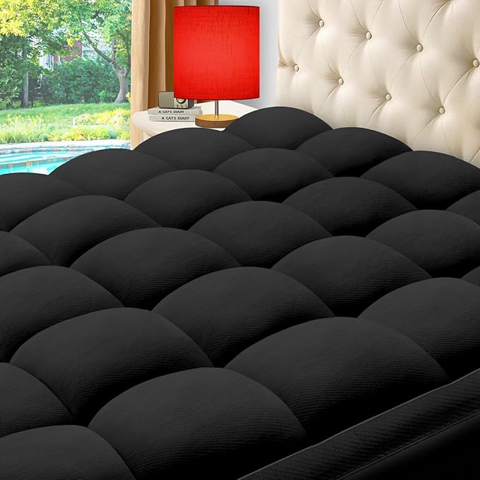 ELEMUSE King Black Cooling Bamboo Viscose Mattress Topper for Back Pain, Extra Thick Mattress Pad Cover, Plush Soft Pillowtop with Elastic Deep Pocket, Overfilled Down Alternative Filling