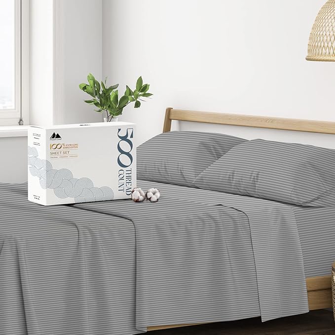Mayfair Linen 100% Cotton Striped Sheets King Size Bed Set - 500 Thread Count Damask Sheets King Size 4 PC Set (Dark Grey Stripe), Soft, Cooling, Sateen Weave Hotel-Quality 16" Deep Pocket Bedsheet
