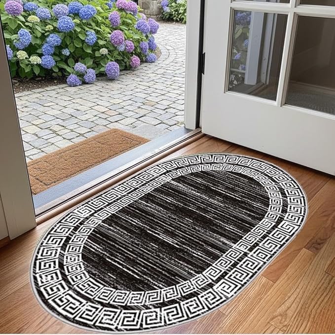 Minimalist Distressed Black Off White Greek Key Pattern Bordered Rug 12x14 for Liivng Room Bedroom Dining Room Soft Non Skid Washable Large Rugs Nursery Dorm Kitchen Rustic Classic Indoor Oval Carpet