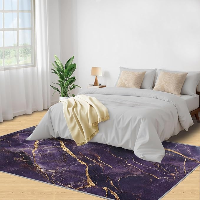 3x6 Abstract Marble Bedroom Rug Under Bed - Purple-Marble Kids Room Rugs, Luxury Stone Pattern Bedroom Runner Rug Soft Washable for Living Room Kitchen