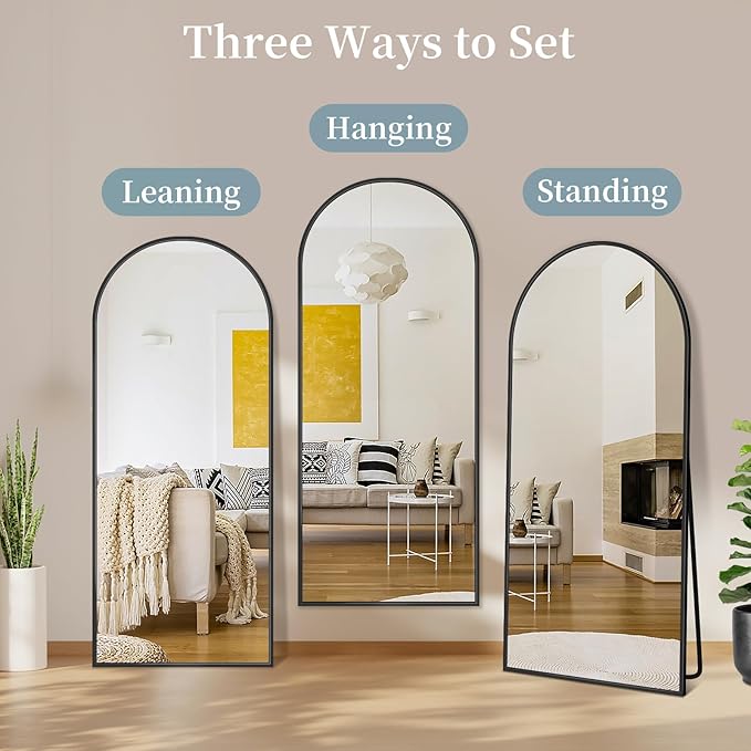 Full Length Mirror with Stand, 68"x26" Arched Full Body Mirror, Large Stand Up Mirrors, Aluminum Frame Floor Standing Mirrors, Freestanding Hanging Leaning Mounted for Bedroom Living Room Black
