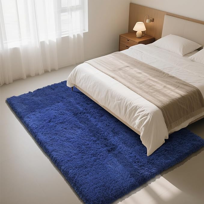 Blue Fluffy Rug Shaggy Area Rug, 9x12 Area Rugs for Girls Bedroom, Big Soft Shaggy Bedside Non-Slip Plush Dorm Nursery Kids Carpet Home Decor Aesthetic