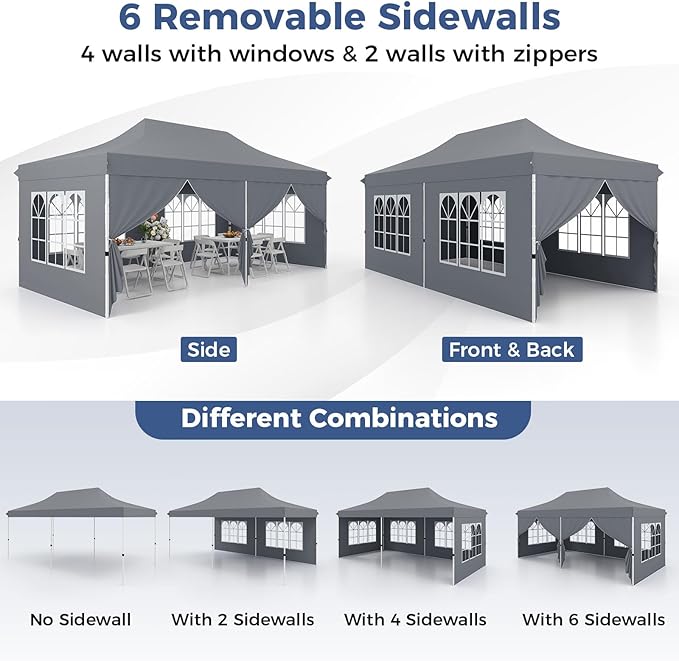 Tangkula 10x20 Ft Pop Up Canopy, UPF 50+ Portable Outdoor Canopy Tent with with 6 Removable Sidewalls, 6 Sandbags, 2 Zippered Door, Windows, Carrying Bag for Party, Wedding, Backyard