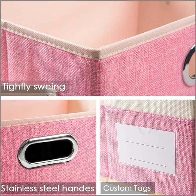 PRANDOM Collapsible Storage Bin with Lid [3-Pack] Fabric Foldable Storage Box Organizer Container Basket Cube with Cover for Home Bedroom Closet Office Nursery Pink&Cream(14.9x9.8x9.8)