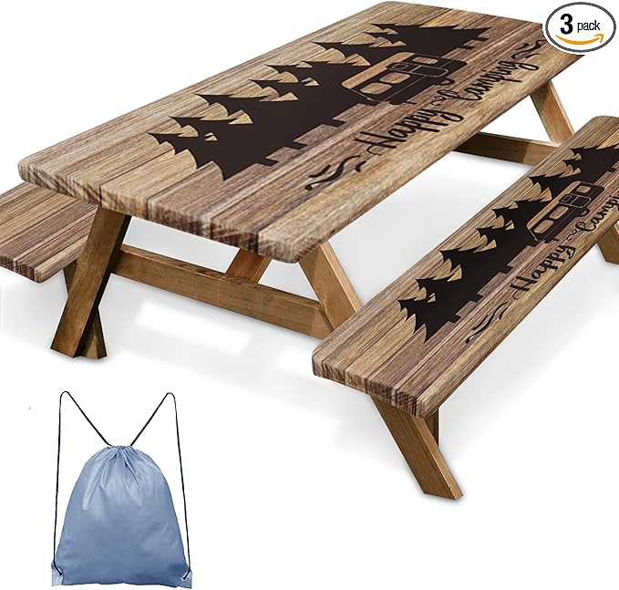 Picnic Table Cover with Bench Covers Elastic Edges, Wooden Camper Fitted Table Cover, Outdoor Patio Camping Essentials 60 Inch 3PCS, Waterproof Camping Fitted Tablecloth with Drawstring Bag