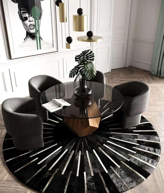 Sn Alef Home Round Designer Rug for Living Room | Handcrafted Black & White Boho Floor Carpet | Modern Ethnic Circular Mat for Home Décor & Meditation Space (Black_5x5)