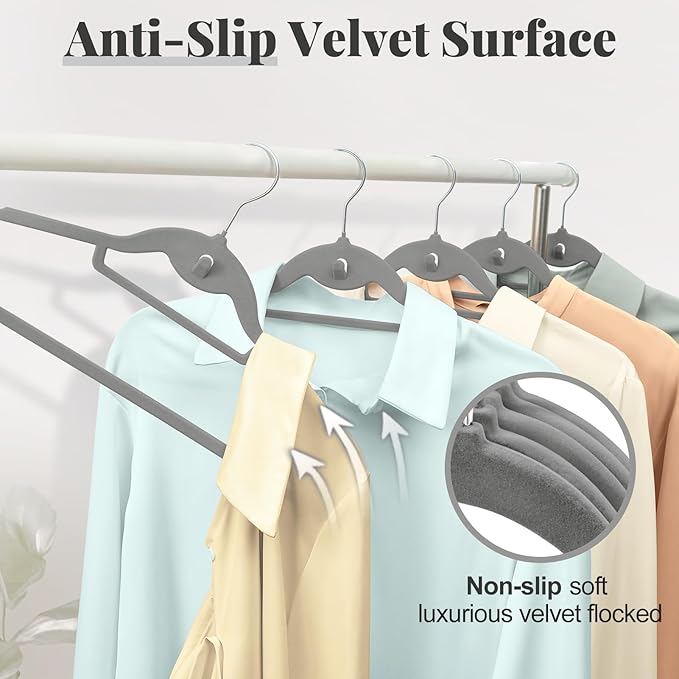 Velvet Hangers 50 Pack, S-Shaped and Stackable Non Slip with 360°Swivel Hook, Ultra Thin and Space Saving Flocked, for Suits, Shirts, Coats, 15Lbs Capacity Heavy Duty, Grey
