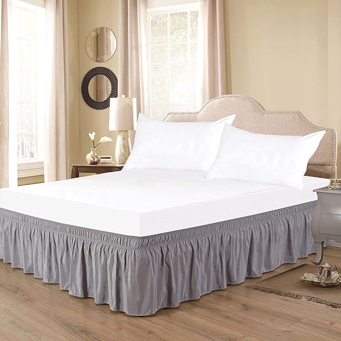 Silver Wrap Around Bed Skirts with 16" Drop - Three Sides Fabric Adjustable Elastic Dust Ruffle Silky Soft -600 TC Stretchy Bed Skirt-Full(54"X 75") Silver