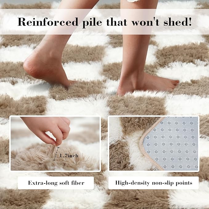 Checkered Rug for Bedroom, 3x7 Beige and White Area Rugs, Classic Checkered Carpets Shaggy Area Rug, Bedside Rugs for Living Room Bedroom Kids Room Home Decor