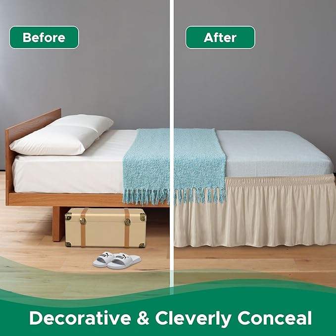 Biscaynebay Wrap Around Bed Skirts for King & Cal King Beds 21" Drop, Light Camel Adjustable Elastic Dust Ruffles Easy Fit Wrinkle Resistant Silky Luxurious Fabric Machine Washable