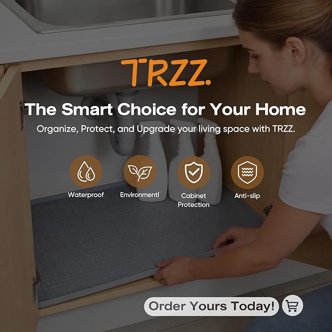TRZZ Silicone Waterproof Under Sink Mat 31" x 22", Drip Tray and Cabinet Liner for Kitchen and Bathroom, Prevents Water Damage and Organizes Cabinets (Light Grey)