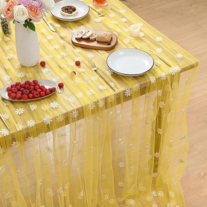 Horaldaily Yellow Embroidery Daisy Spring Summer Gauze Tablecloth 52×70 Inch Rectangular, Seasonal Tulle Table Cover, Garden Party Decorations for Wedding, Party, Holiday Dining
