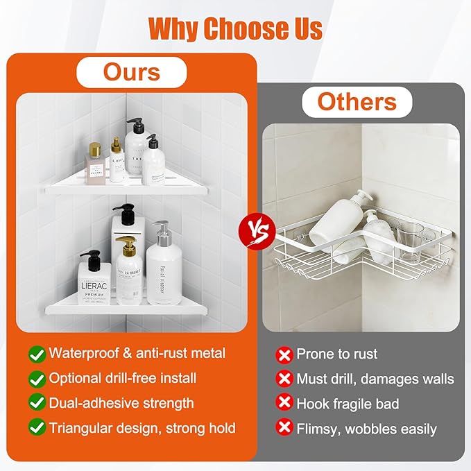 Fikoksol Shower Caddy, 4 Pack Bathroom Corner Shelf, Triangle Shelf Storage for Bathroom Shower, White Metal Shower Shelf & Rustproof Wall Mounted Adheisve Glue Organizer Accessories and Essentials