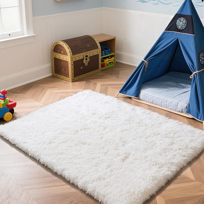 Fluffy Rug Shaggy Area Rug, White 5x8 Area Rugs for Bedroom, Small Bedside Rug, Soft Fluffy Shaggy Entryway Throw Rugs for Living Room Bedroom Kids Room Home Decor