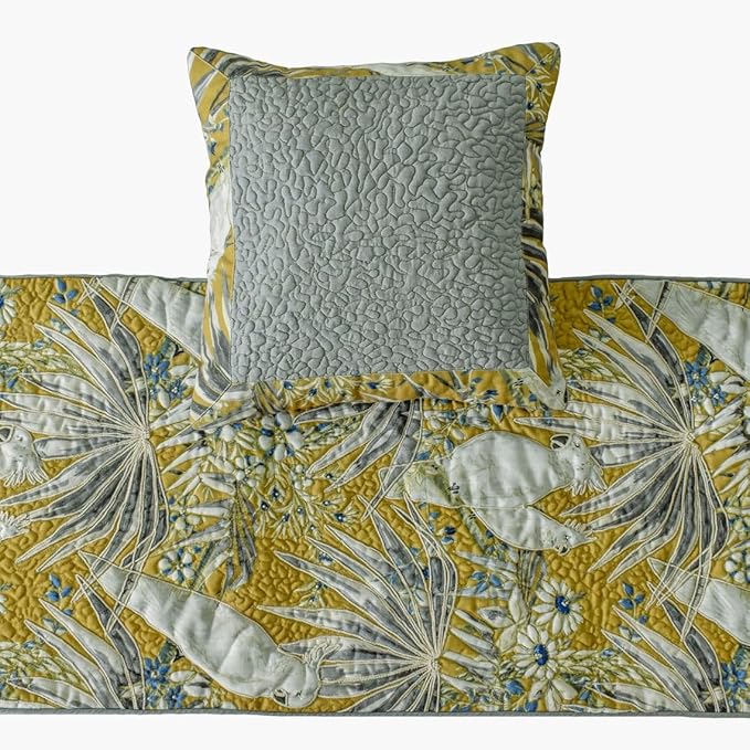 The HomeCentric King/Queen/Twin Grey & Yellow Decorative Full 68"x18" Bed Runner with Pillow Cover, Cockatoo Bird & Quilted Bed Scarf on Cotton Fabric - Cockatoo Love