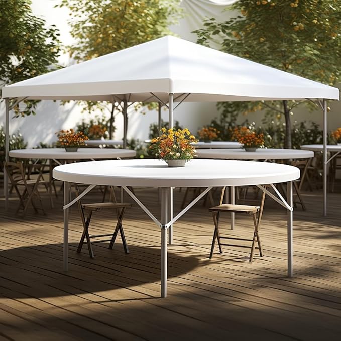 PRO&Family Commercial Round Folding Table, White Top, Powder-Coated Steel Frame, High-Impact Polyethylene Construction, Perfect for Wedding, Party, Shool, Church. (7, 72")