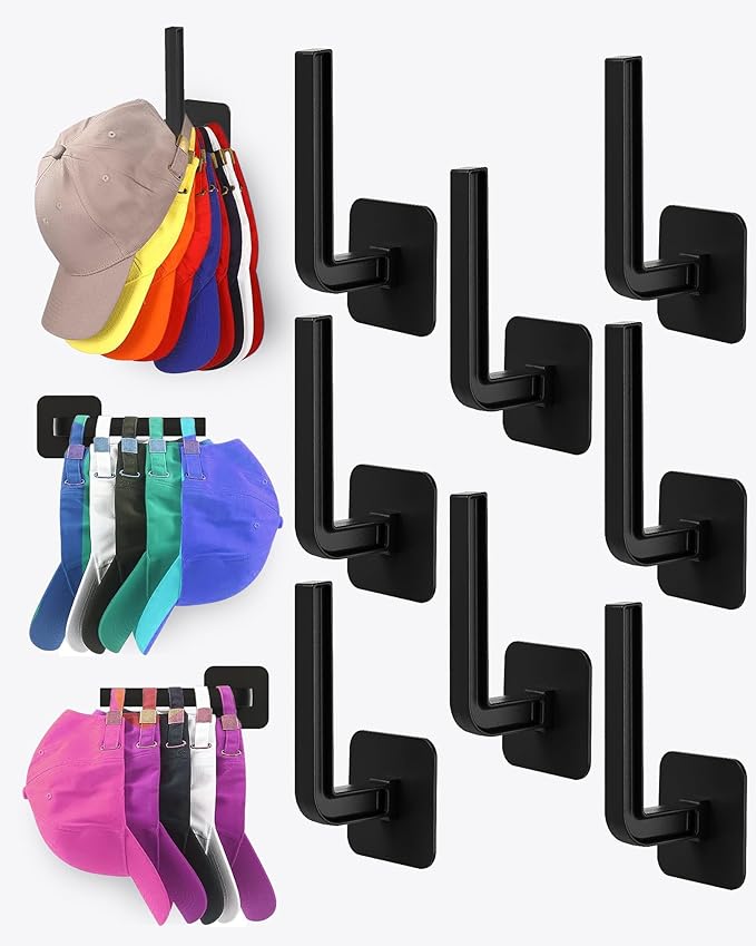 Hat Rack for Hat Storage (8-Pack), Multi-Purpose Hat Organizer, Strong Adhesive Hat Hooks for Wall Hat Organizer for Baseball Caps, Two Mounting Options Hat Hook, Black