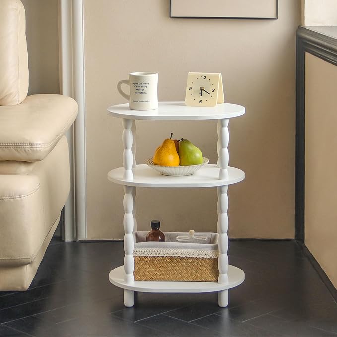 MaxSmeo White Side Table, 3-Tier Small Oval End Table, Modern Night Stand Wood