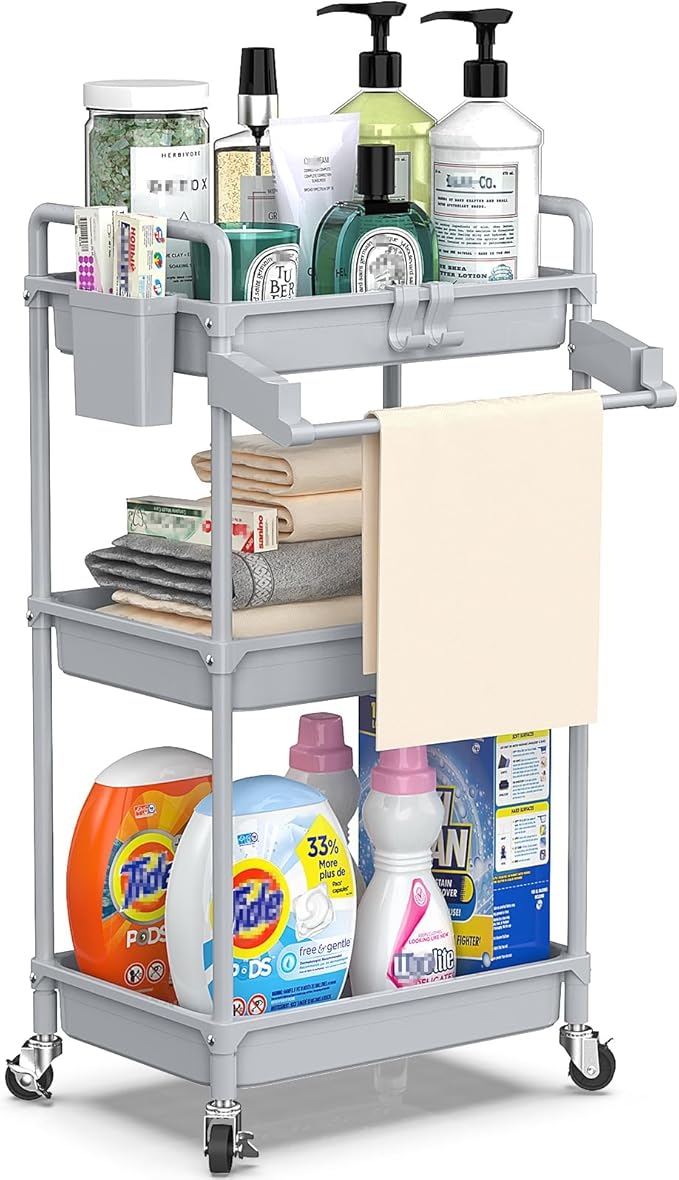 SPACEKEEPER Rolling Storage Cart, 3 Tier Utility Cart Laundry Room Organization Mobile Shelving Unit Bathroom Organizer with Towel Rack, Lockable Wheel, Hooks & Cup for Kitchen Office, Grey