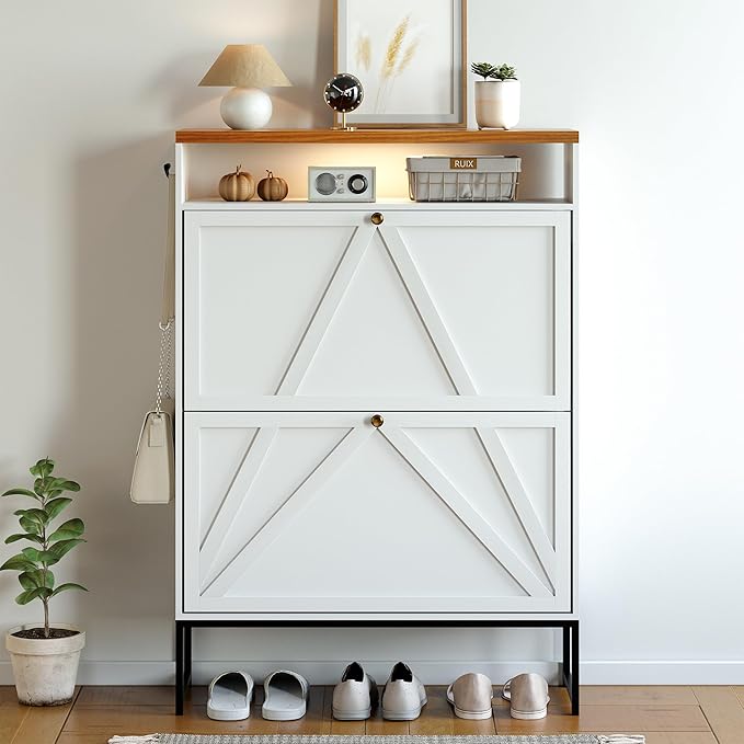 PARTPHONER Shoe Storage Cabinet with 2 Flip Drawers, Modern Hidden Shoe Storage Organizer, Narrow Wooden Freestanding Shoe Rack with Motion Sensor Light, Hallway, Foyer, White