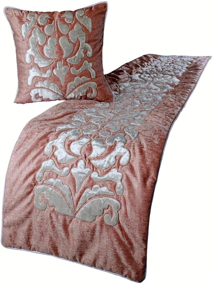 The HomeCentric Designer Peach & Ivory Queen 74 x 18 inch Bed Runner Without Pillow Cover, Velvet Applique Bed Scarf, Abstract Modern - Peach Elegance