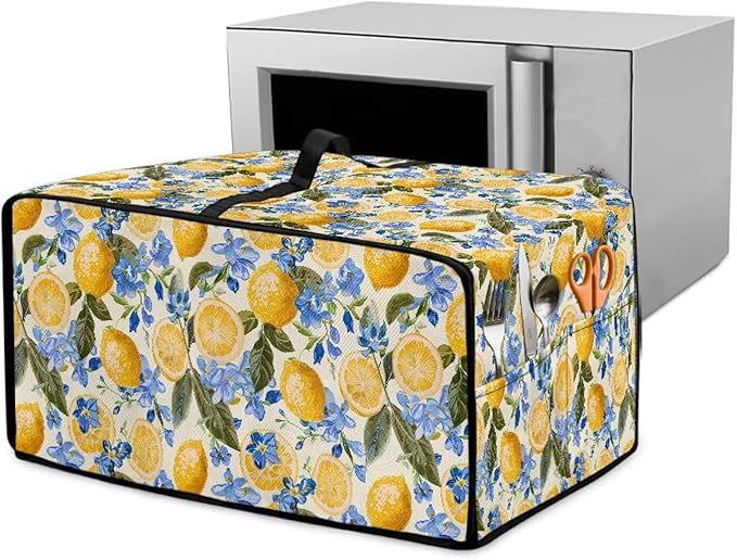 Waterproof Dust-Proof Microwave Oven Grill Cover Protector Lemon Floral Leaf Print Polyester-Linen Fabric Dust Cover with Storage Bags Case Protections for Microwave Oven, S