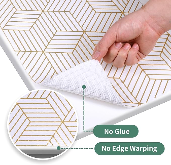 Gold and White Shelf Liners for Kitchen Cabinets Non Adhesive Cabinet Liner Strong Non-Slip Thickened Easy to Clean for Shelf Cabinet with Knife and Tape Measure