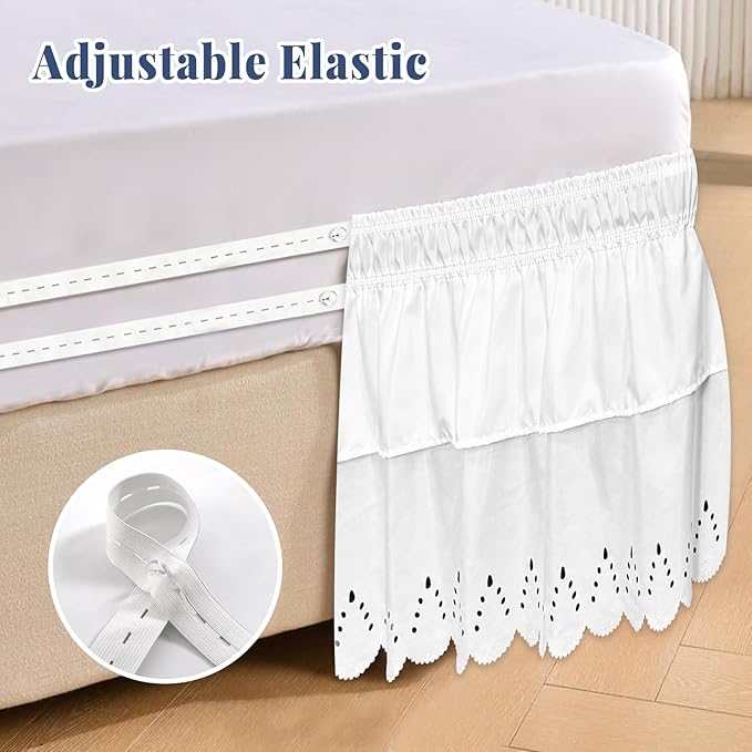 King Bed Skirt, Double-Layered Ruffled Eyelet Bed Skirt, Wrap-Around Elastic Dust Ruffle King Size with Gathered Styling and Embroidered Details, 14" Drop Length (White)