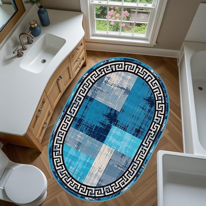 Blue Grey Black Greek Key Pattern Bordered Design Large Carpet for Living Room Bedroom Dining Room Soft Non Slip Low Pile Area Rug 5x7 Farmhouse Doormats Vintage Distressed Home Office Oval Rugs