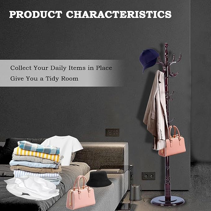 Coat Racks FreeStanding with 14 Hooks, Natural Wood Coat Rack with Solid Round Base, Adjustable Height Coat Racks, Easy Assembly for Hallway, Bedroom and Office (Solid Wood Fenghuang Gou)