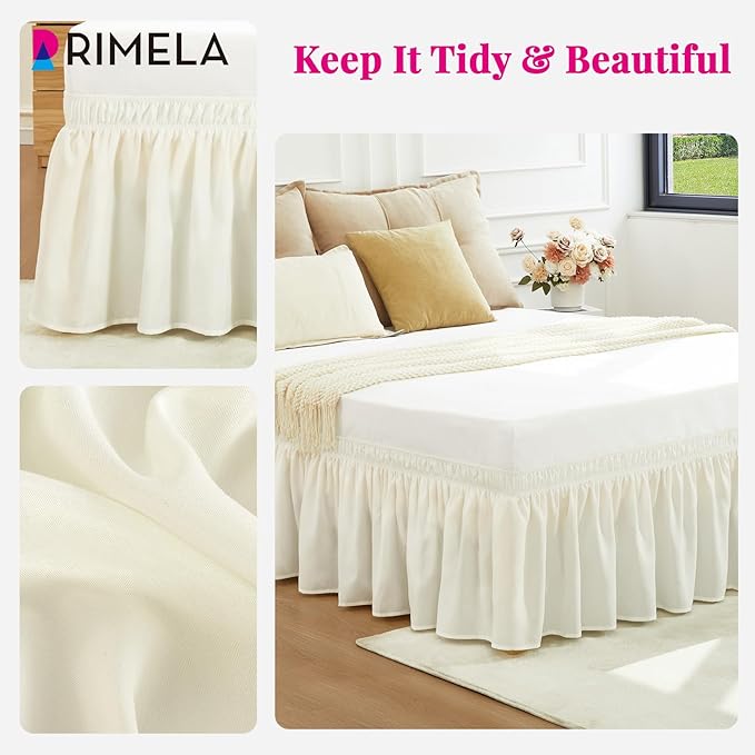 RIMELA Queen Bed Skirt 14 Inch Drop Cream, Wrap Around Elastic Bed Skirts Queen Size Dust Ruffle, Bedskirt for Adjustable Bed Base Solid Silky Fabric Machine Washable Easy to Install