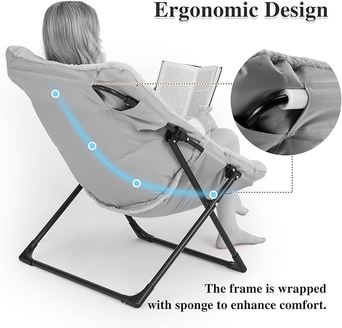 Comfy Saucer Chair for Adults, Soft Faux Fur Bedroom Chair, Accent Dorm Chairs, Flexible Living Room Reading Chairs, Oversized Folding Seat for Teens, X-Large, Brown