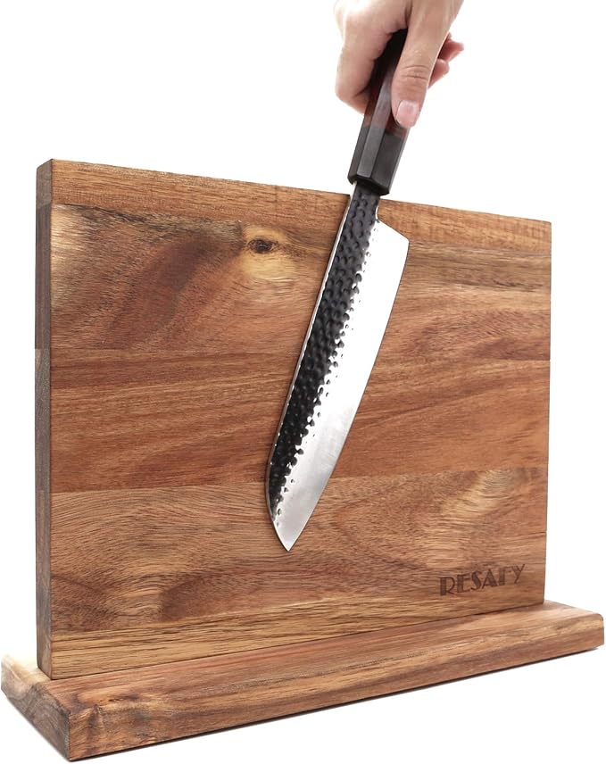 Resafy Large Magnetic Knife Holder,Acacia Wooden Magnetic Knife Block 12.5X10 Inches,Rack Magnetic Universal Stands with Strong Enhanced Magnets Strip Kitchen Storage Cutlery Organizer Without Knifves