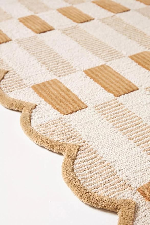 Hand-Tufted Wool Rug with Scalloped Edges, Light Blue Plaid Pattern, Cozy Soft Area Rug for Living Room, Bedroom, and Nursery, Handmade Modern Accent Rug (Neutral, 6X9 FEET)