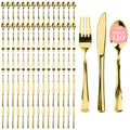 Prestee 120 Cutlery Set - Gold Plastic Silverware Set of 40 Forks, 40 Spoons, 40 Knives - Heavy Duty Plastic Utensils and Disposable Flatware - Elegant Knives Spoons and Forks Set for Events