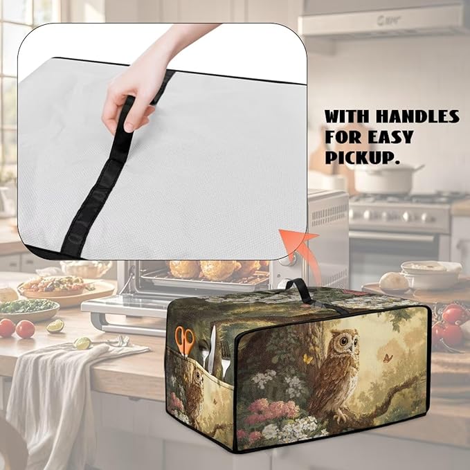 Owl Floral Tree Butterfly Print Microwave Oven Dust Cover Heavy Duty Microwave Oven Cover with Storage Pockets Foldable Dust-Proof Decor Accessories for Kitchen, L